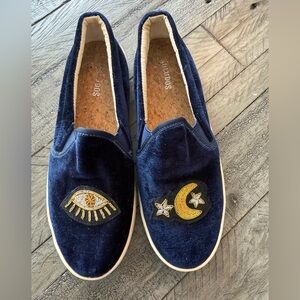 Soludos Navy Velvet Slip-On Sneakers Size 7.5 Celestial Beaded Eye & Moon Design